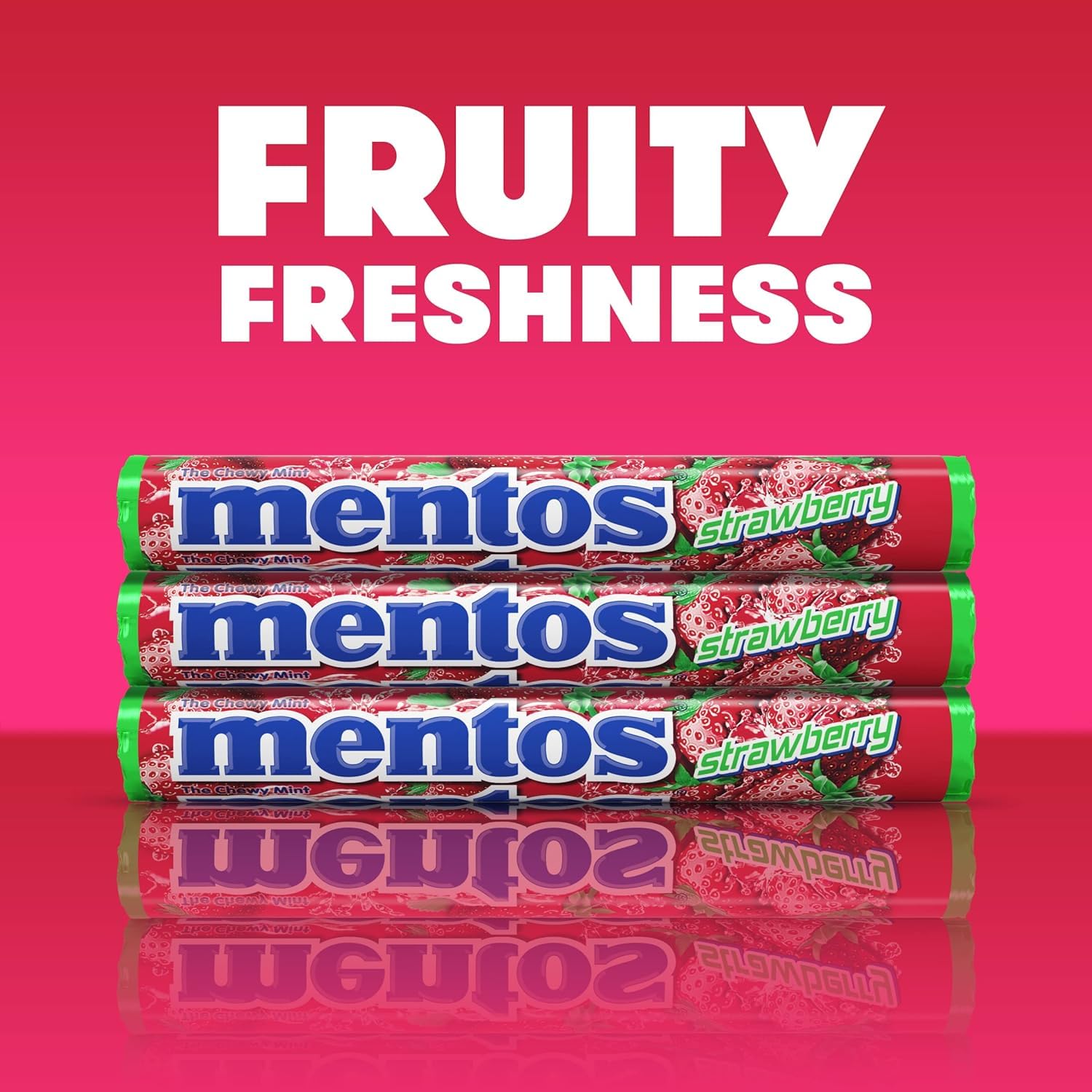 Mentos Chewy Mint candies in foil wrap with vibrant strawberry color