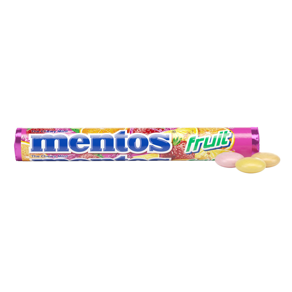 MENTOS chews mint candy roll packaging highlighting a refreshing, portable treat.
