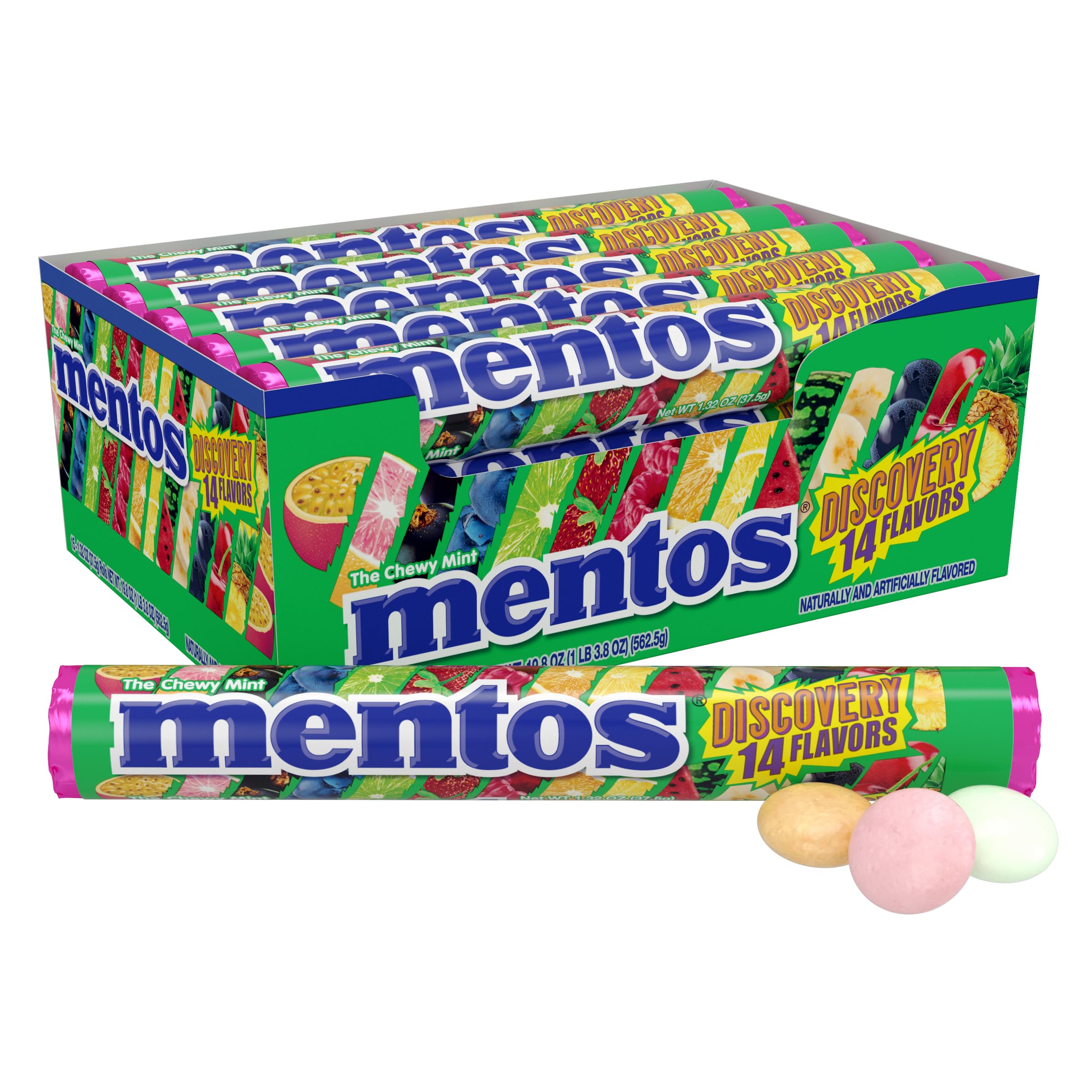 Mentos Chewy Mint Discovery roll close-up reveals vibrant fruit candies for a refreshing bite on the go.