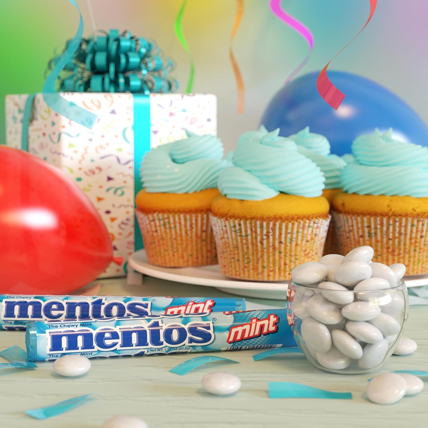 Mentos Chewy Mint mouth close-up highlighting mint freshness.
