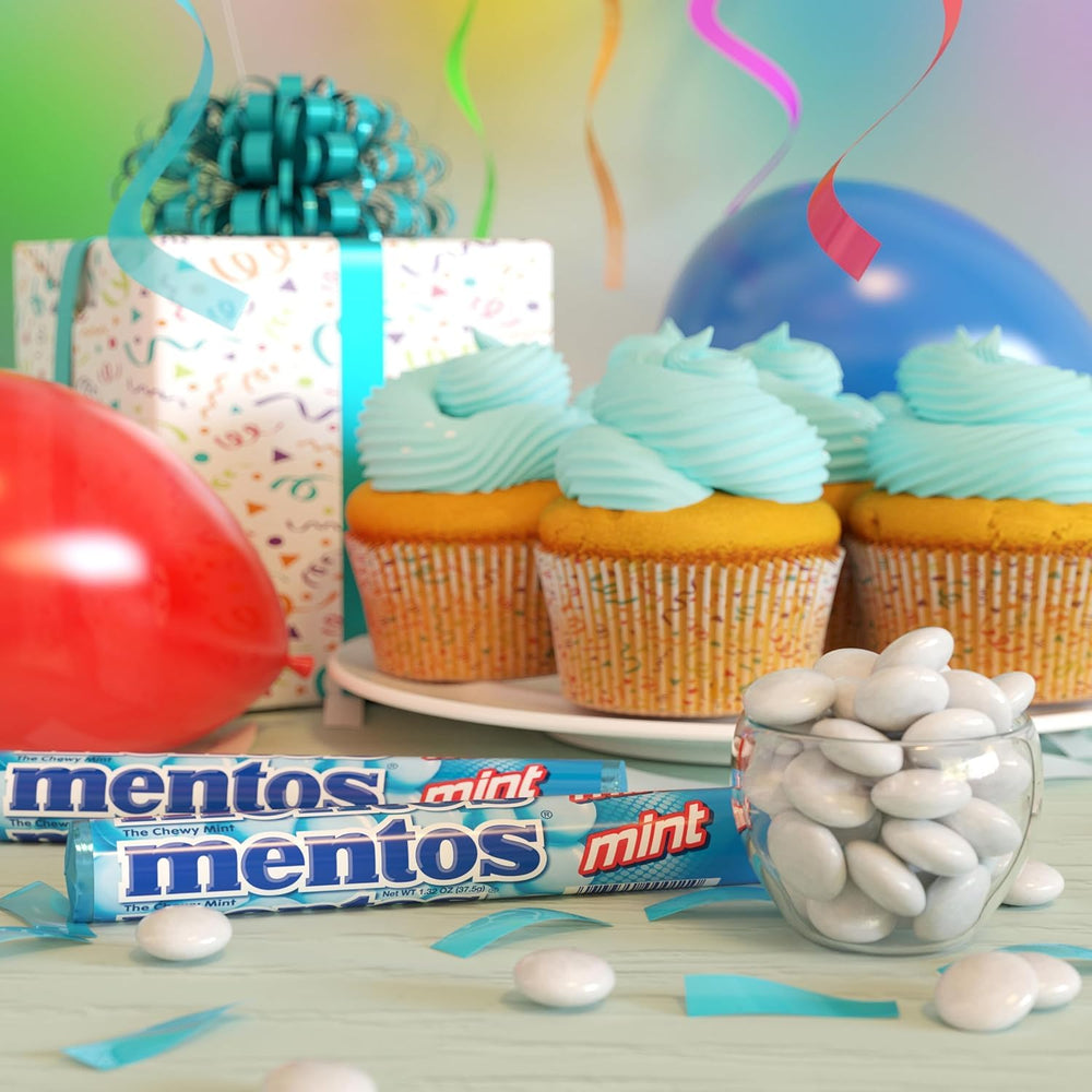 Mentos Chewy Mint mouth close-up highlighting mint freshness.