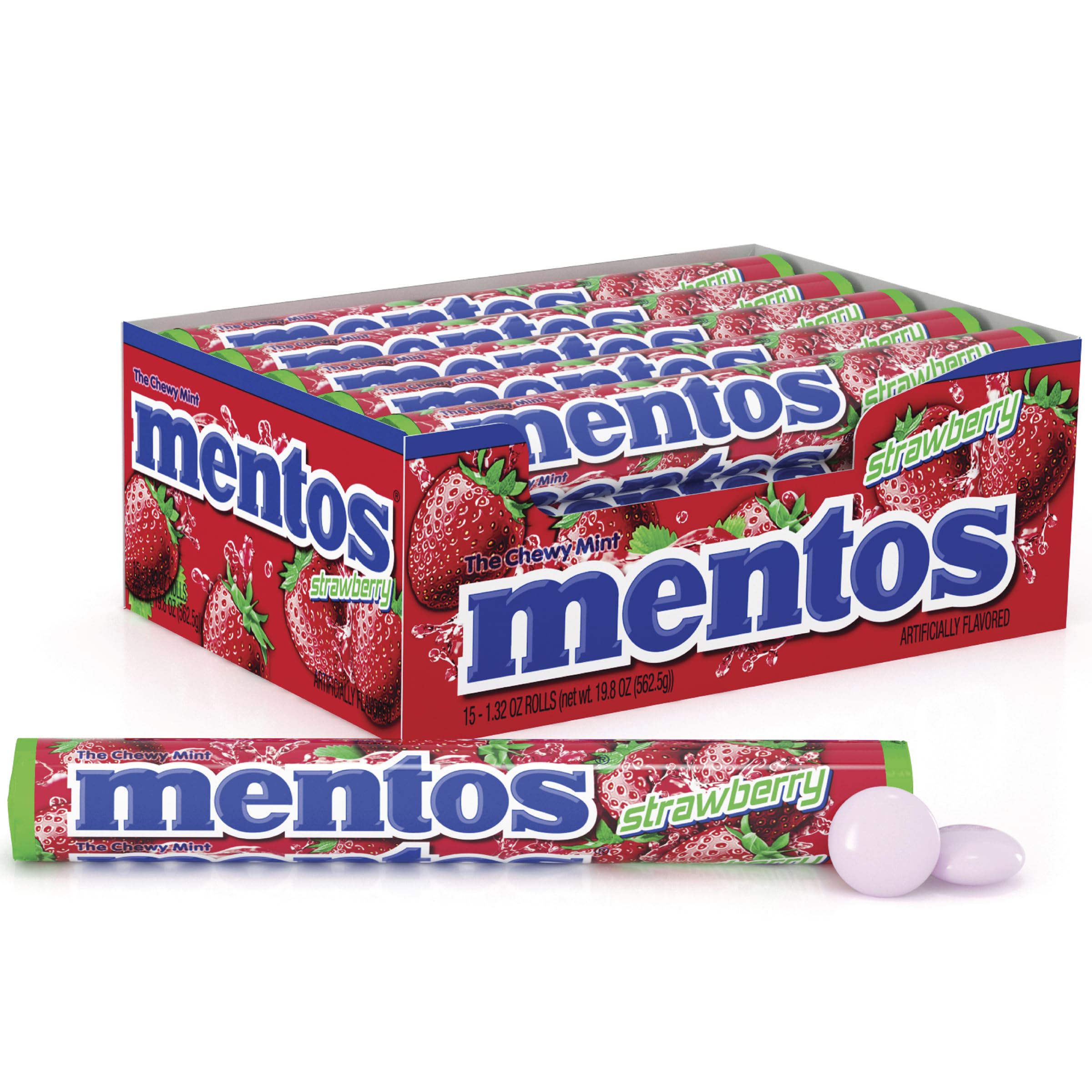 Mentos Chewy Mint Strawberry candies closeup for quick refreshment on the go