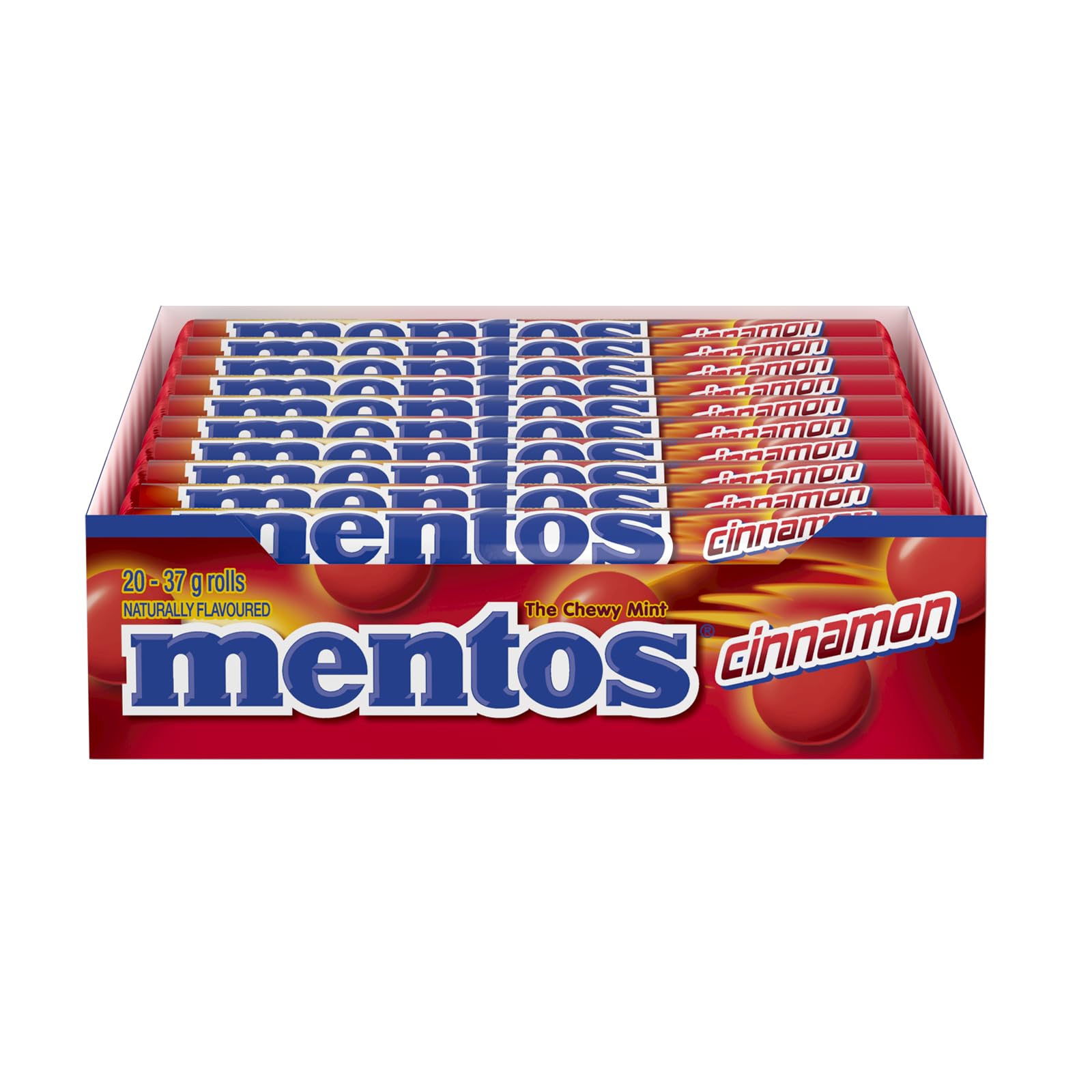 Mentos Cinnamon Chewy Mints pieces inside reveal crisp coating.