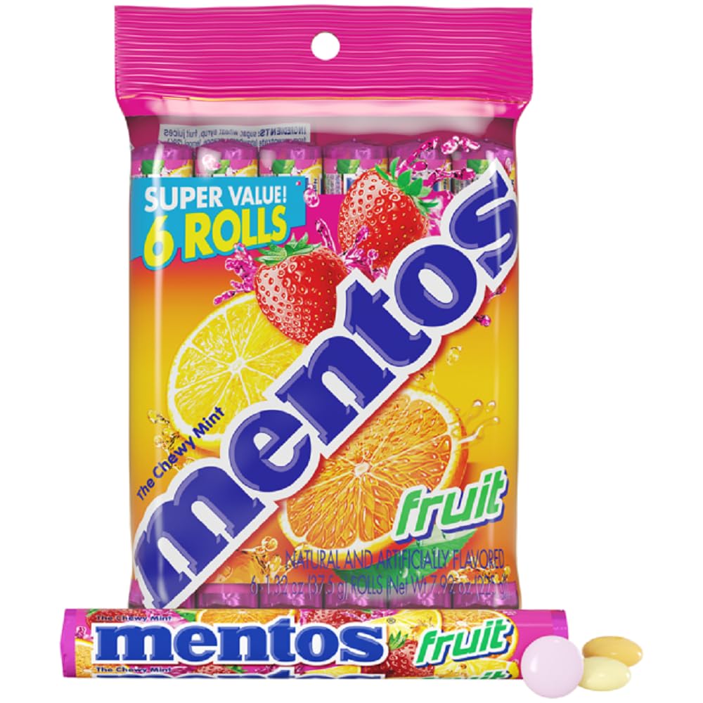 Mentos Fruit Chewy Mint Roll six-pack display for events and quick refreshment.