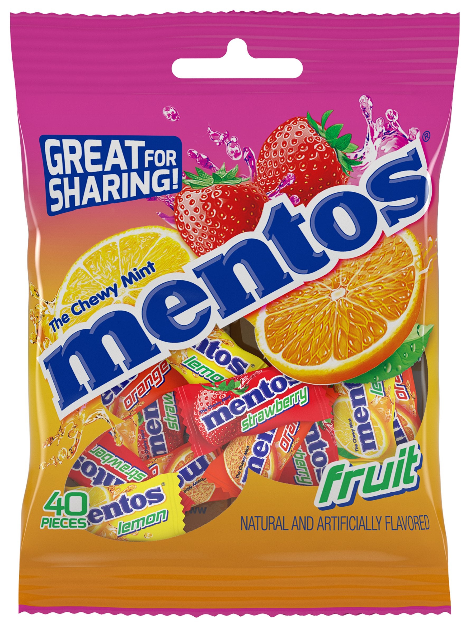 Mentos Fruit chewy mints 40-count peg bag on display for sharing.