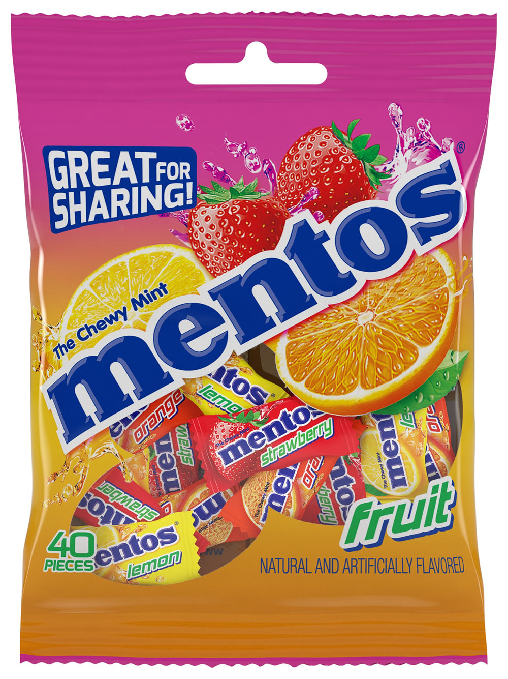 Mentos Fruit chewy mints 40-count peg bag on display for sharing.
