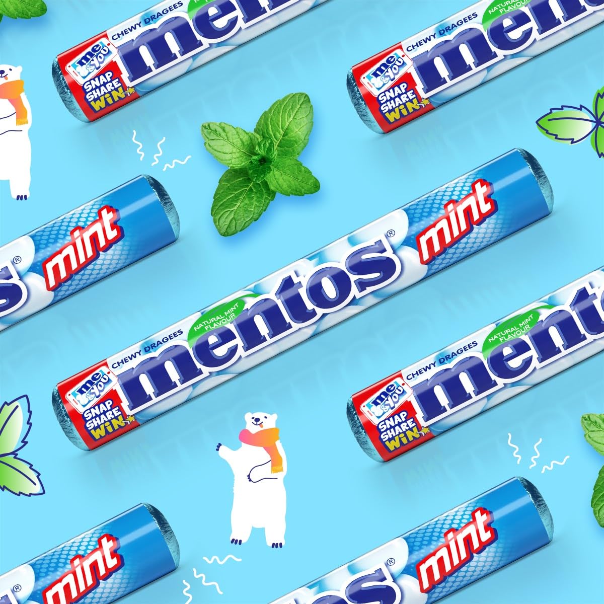 MENTOS Mint Chewy Dragees in-hand demonstrates easy on-the-go enjoyment.