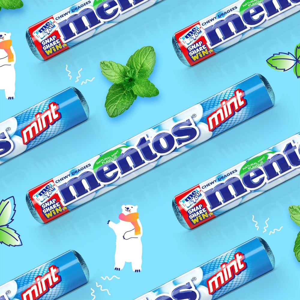 MENTOS Mint Chewy Dragees in-hand demonstrates easy on-the-go enjoyment.