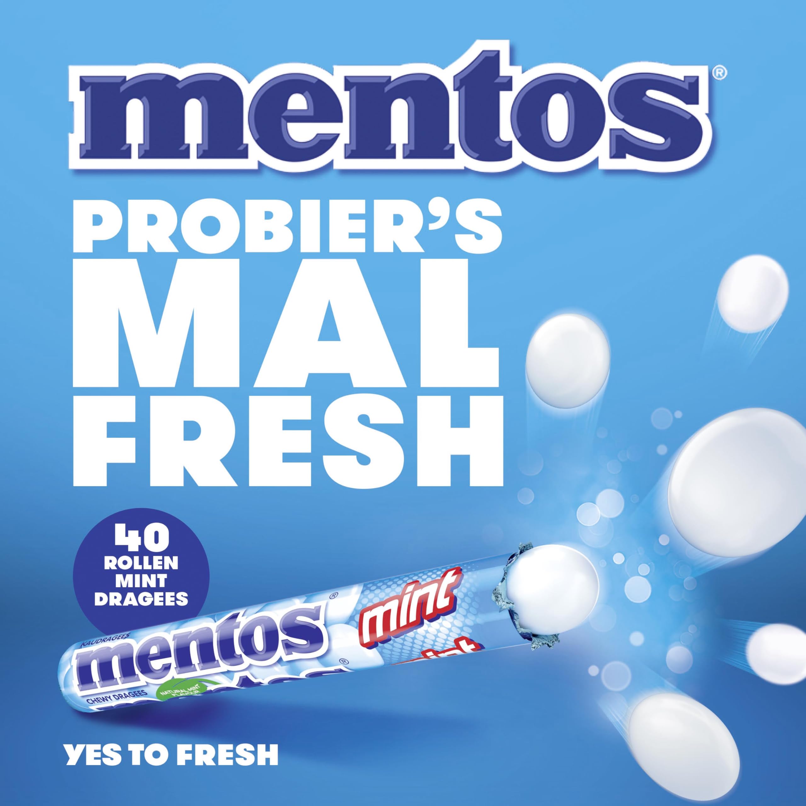 MENTOS Mint Chewy Dragees pack-open reveals 40-piece minty chew supply.