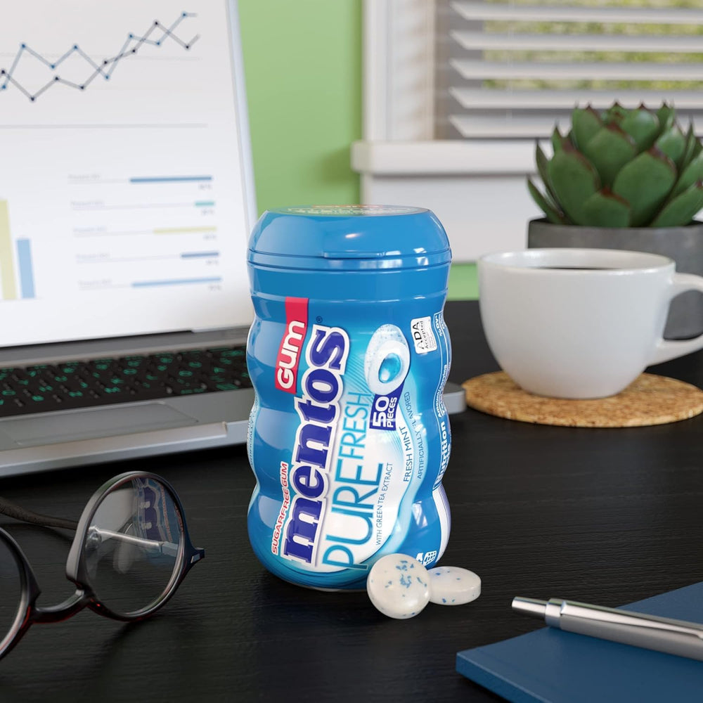 Mentos Pure Fresh bottle highlighting 50 pieces and value for sharing.