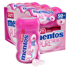 Mentos Pure Fresh Bubble Fresh gum bottle close-up for on-the-go freshness.