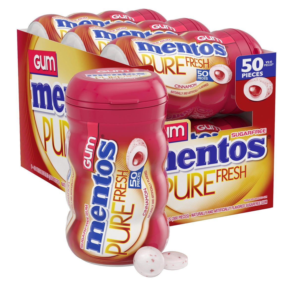 Mentos Pure Fresh Cinnamon bottle on desk for on-the-go freshness.