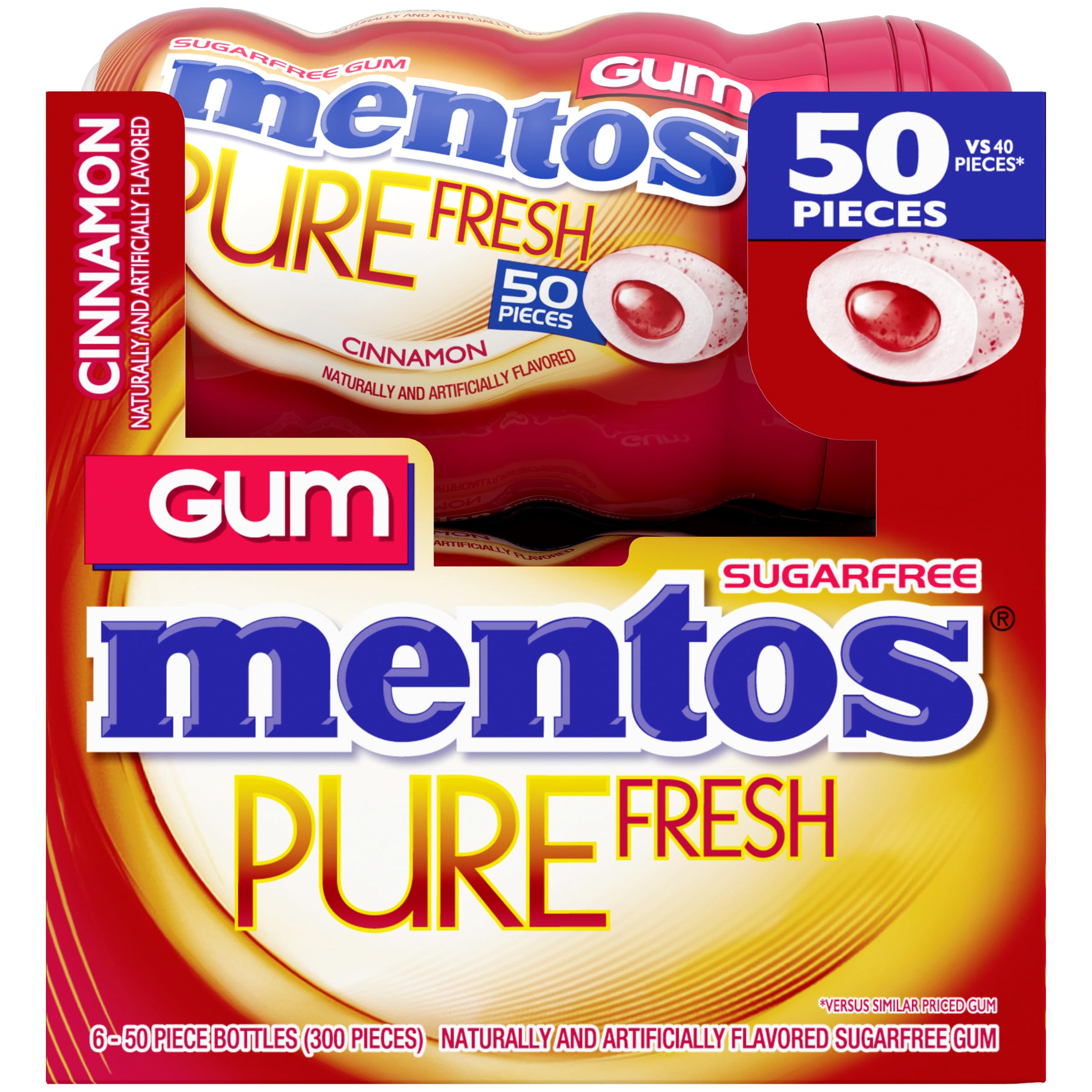 Mentos Pure Fresh Cinnamon gum with xylitol may help reduce tooth decay risk.