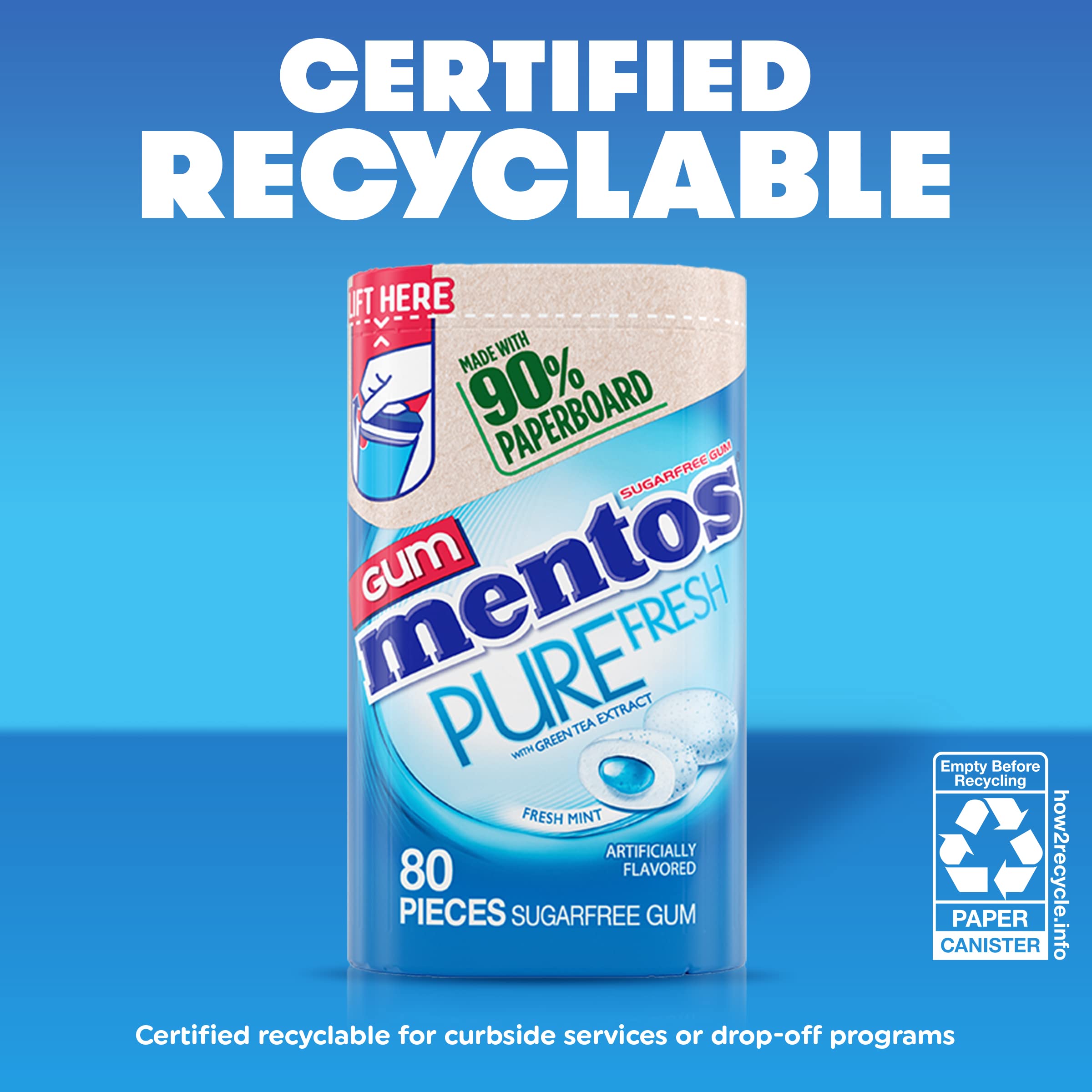 Mentos Pure Fresh eco-friendly packaging showcasing 90% paperboard design.