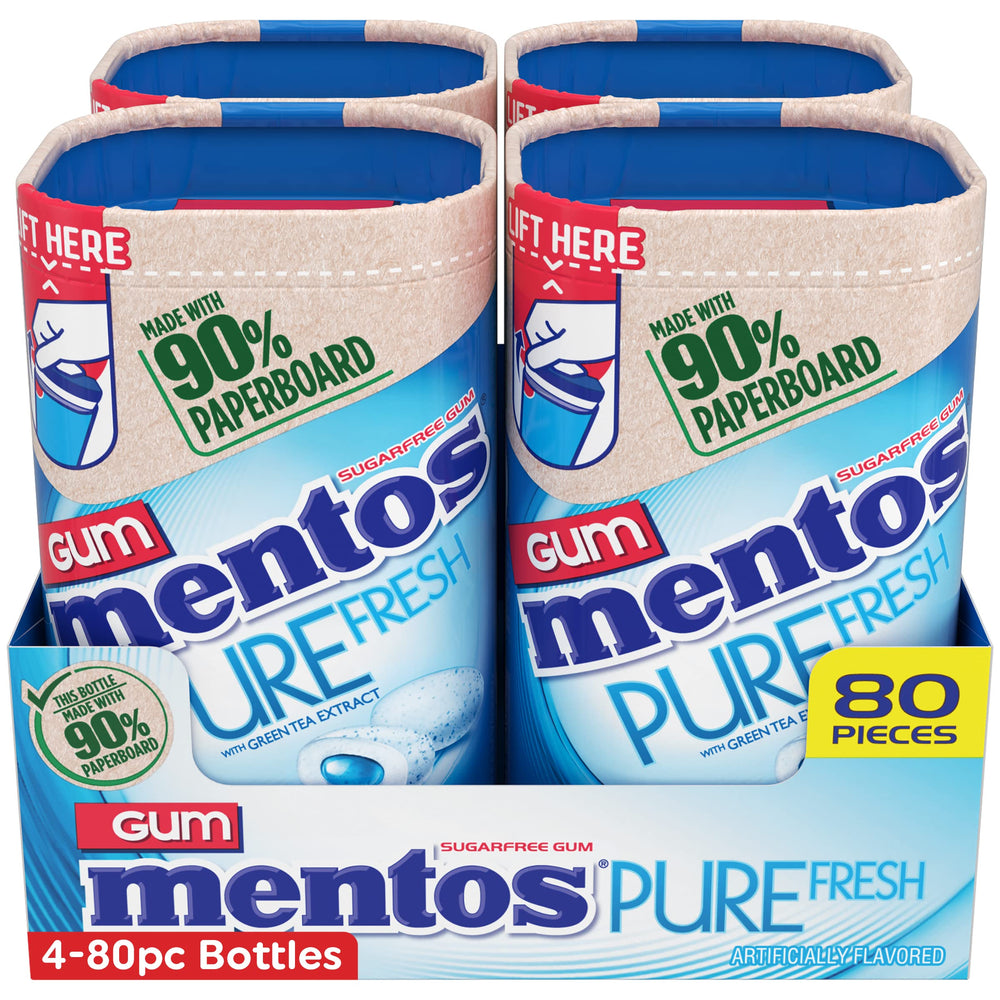 Mentos Pure Fresh four-pack bottles arranged to show value and convenience.