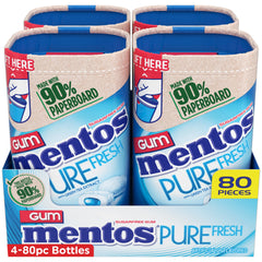 Mentos Pure Fresh four-pack bottles arranged to show value and convenience.