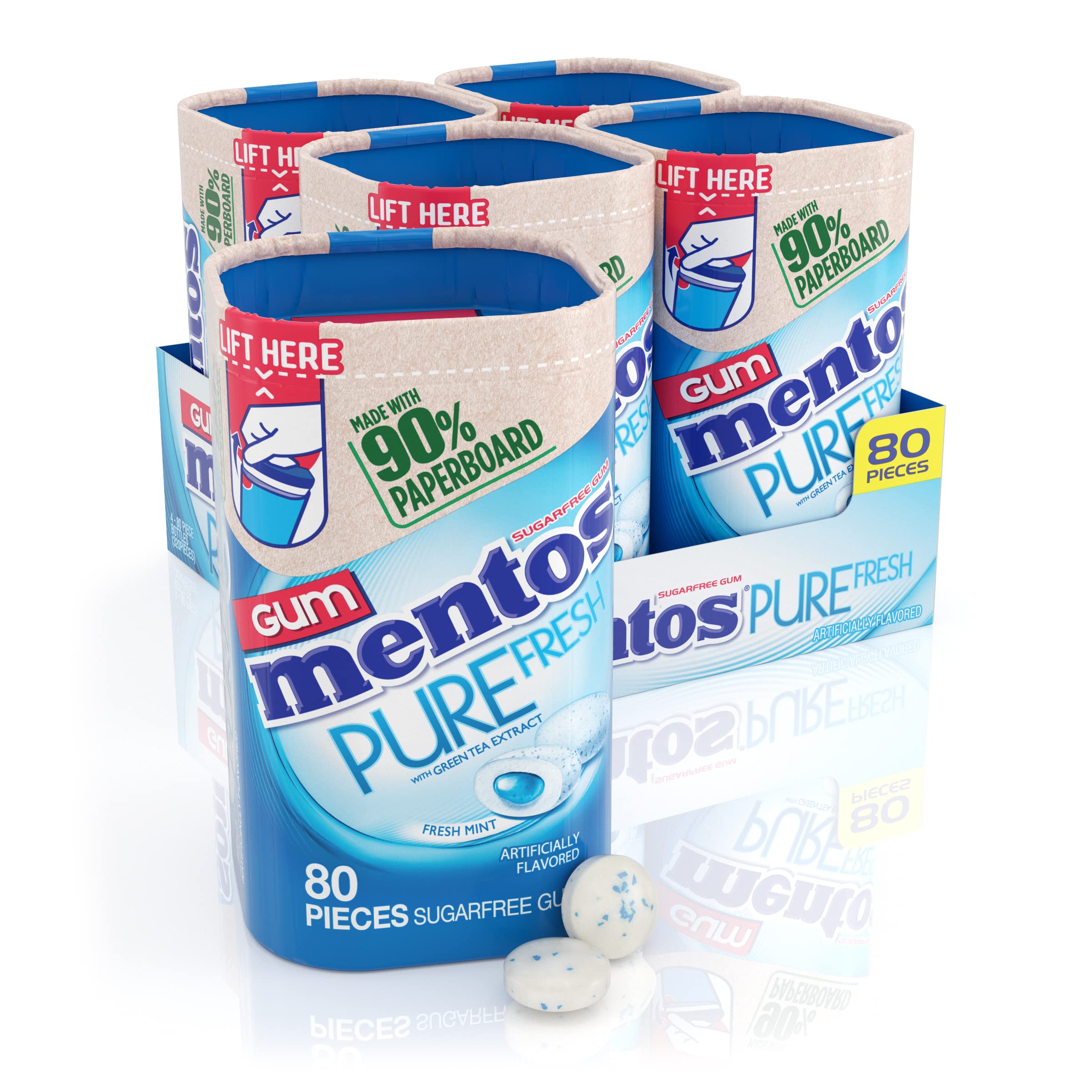 Mentos Pure Fresh gum bottle front view, recyclable paperboard design.