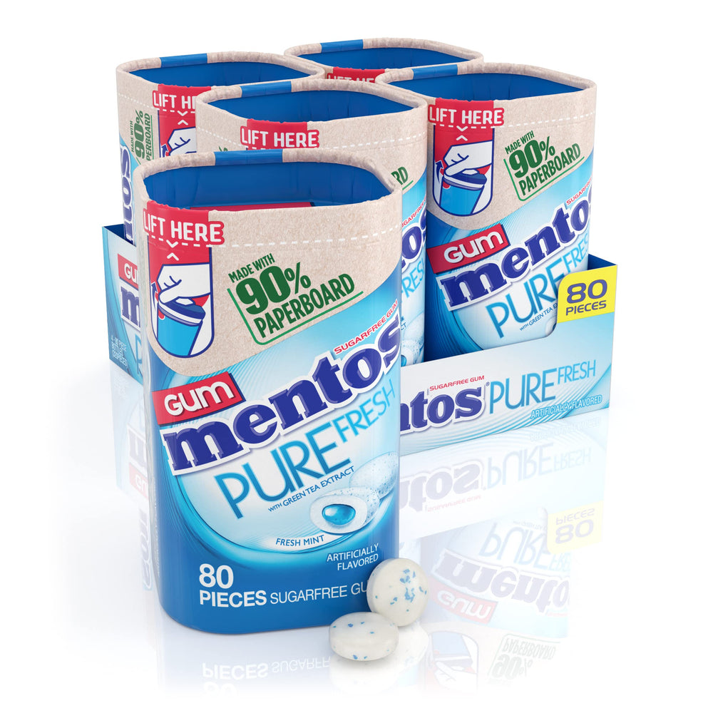 Mentos Pure Fresh gum bottle front view, recyclable paperboard design.