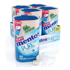 Mentos Pure Fresh gum bottle front view, recyclable paperboard design.