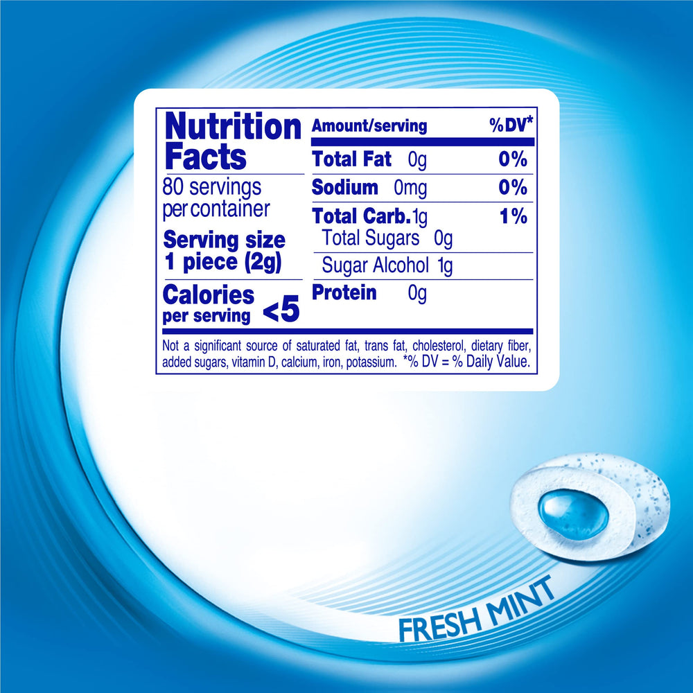 Mentos Pure Fresh gum bottle label close-up highlighting Fresh Mint flavor.