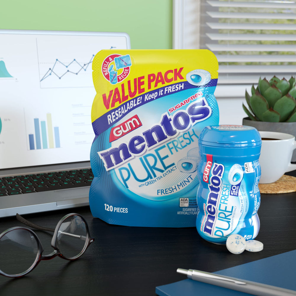 Mentos Pure Fresh recyclable curvy bottle emphasizes eco-friendly packaging.