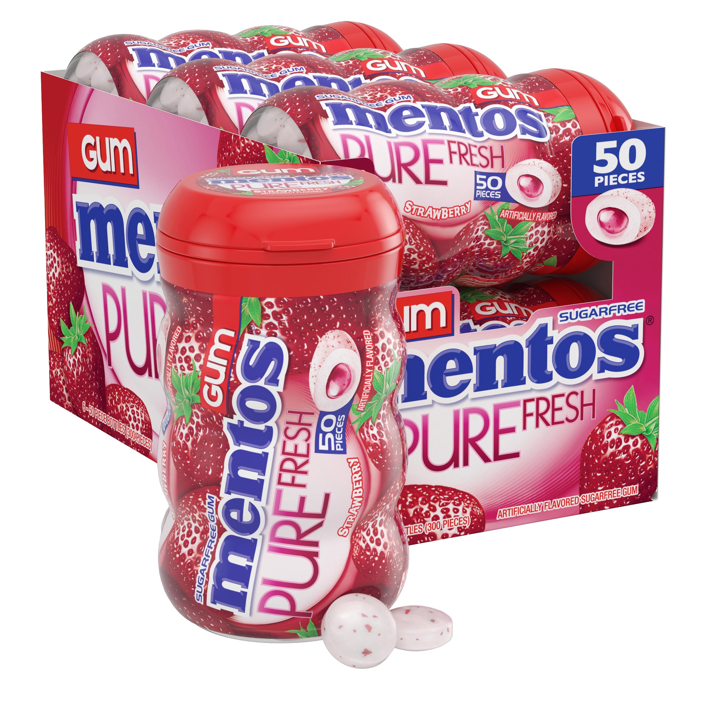 Mentos Pure Fresh Strawberry gum six-pack bottles close-up for quick breath refresh
