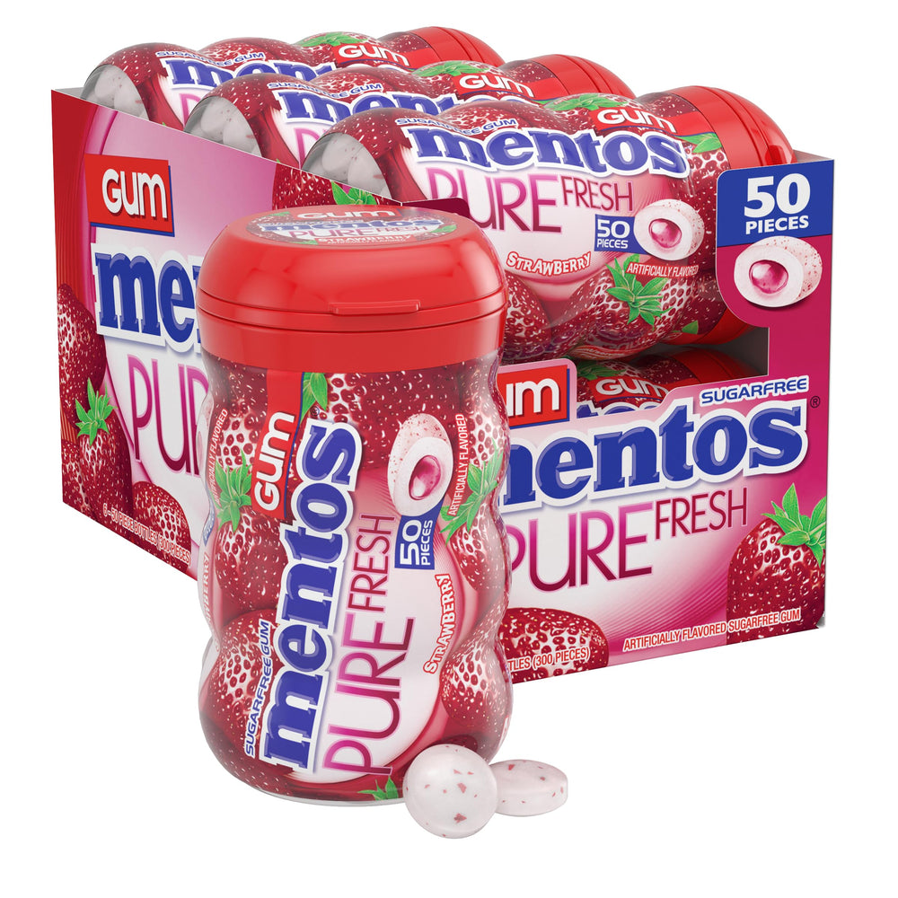 Mentos Pure Fresh Strawberry gum six-pack bottles close-up for quick breath refresh