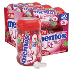 Mentos Pure Fresh Strawberry gum six-pack bottles close-up for quick breath refresh