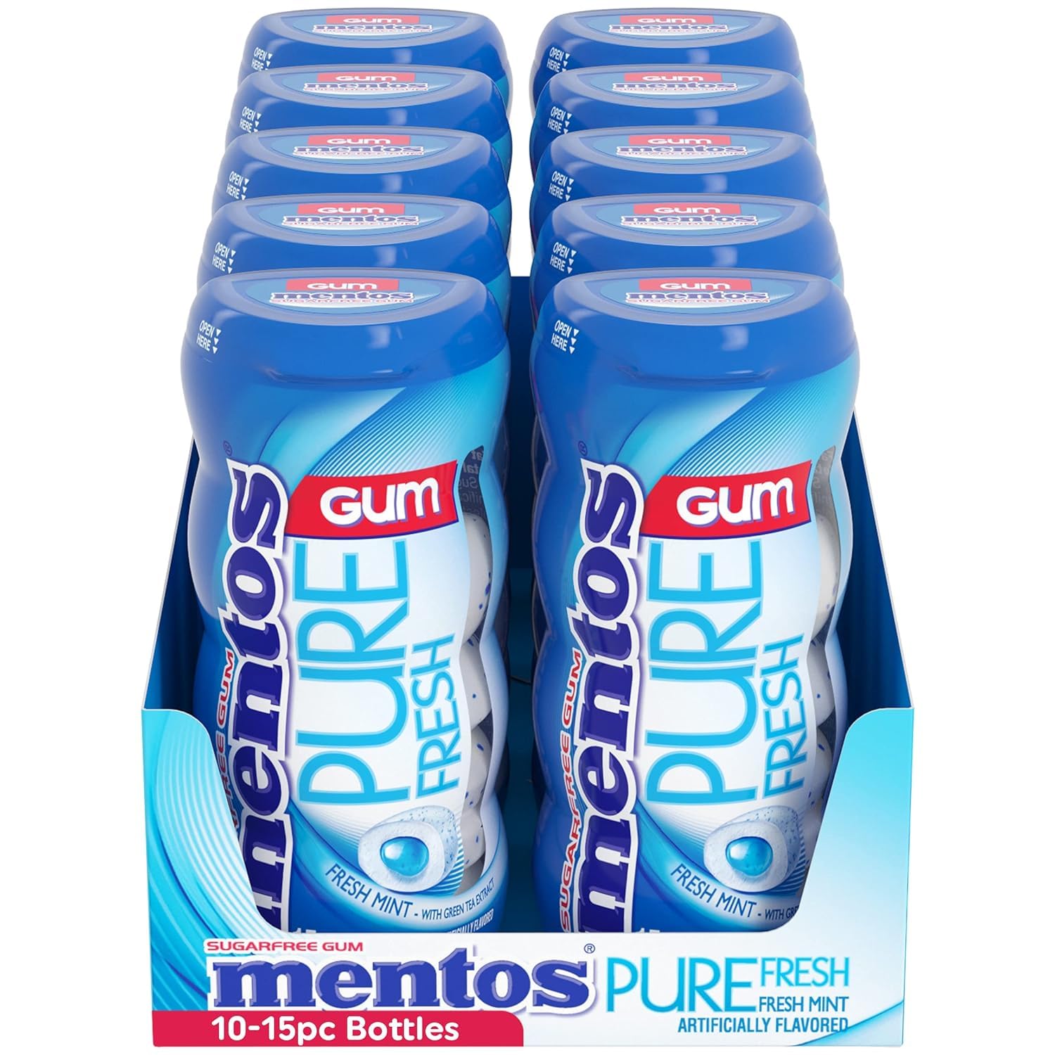 Mentos Pure Fresh 15-piece bottle highlighting travel-friendly size.