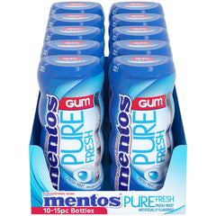 Mentos Pure Fresh 15-piece bottle highlighting travel-friendly size.