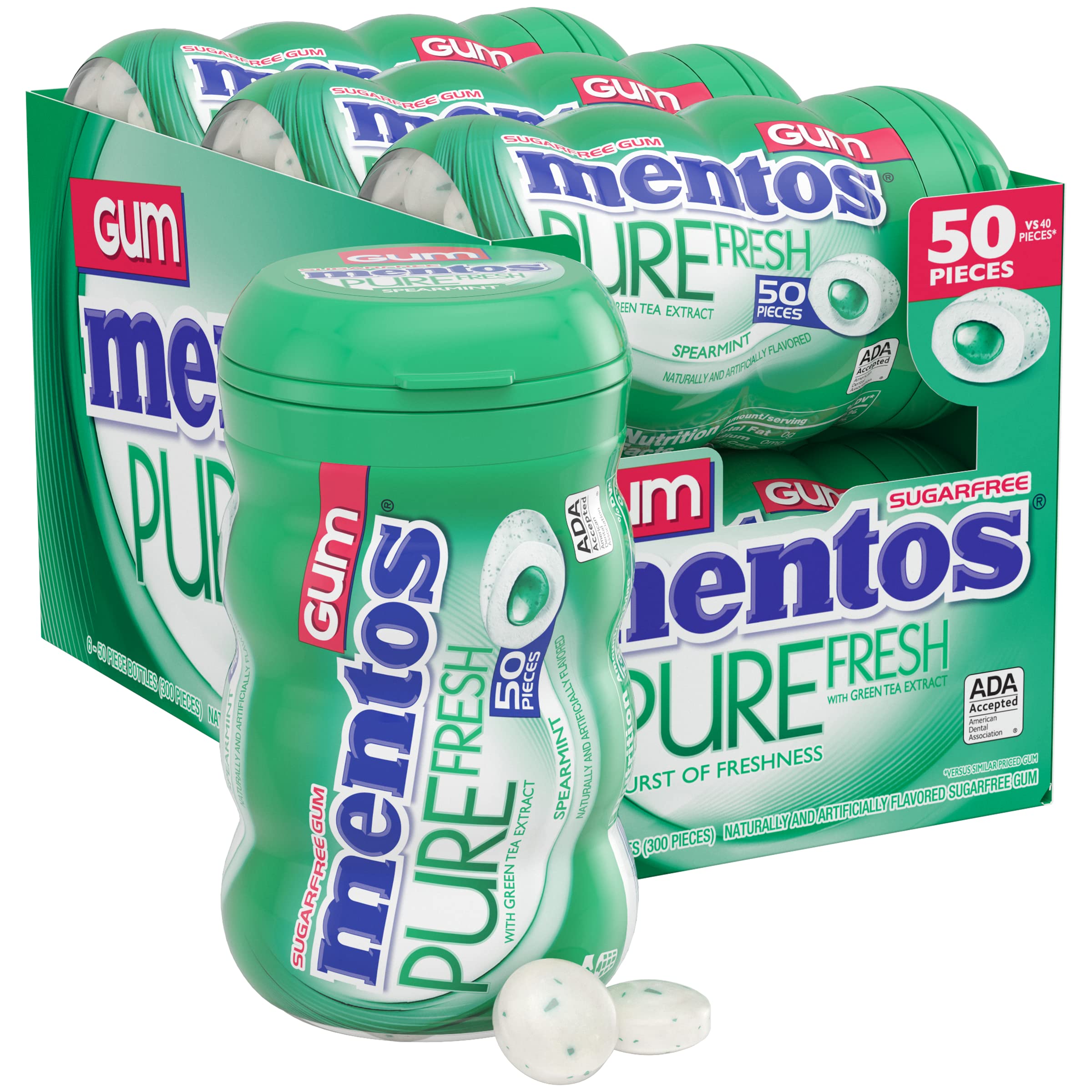Mentos Pure Fresh sugar-free gum in a 50-piece bottle for on-the-go freshness.