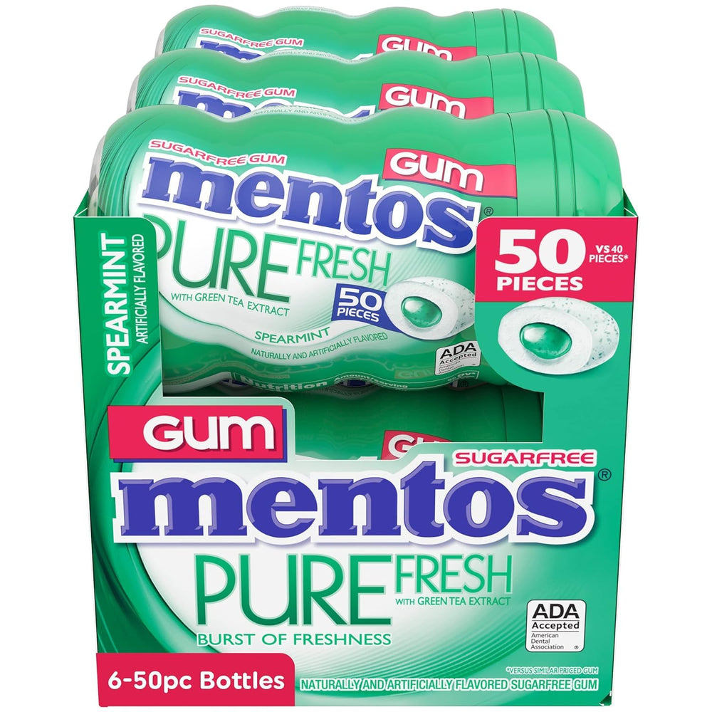 Mentos Pure Fresh mint gum provides a refreshing breath after meals.