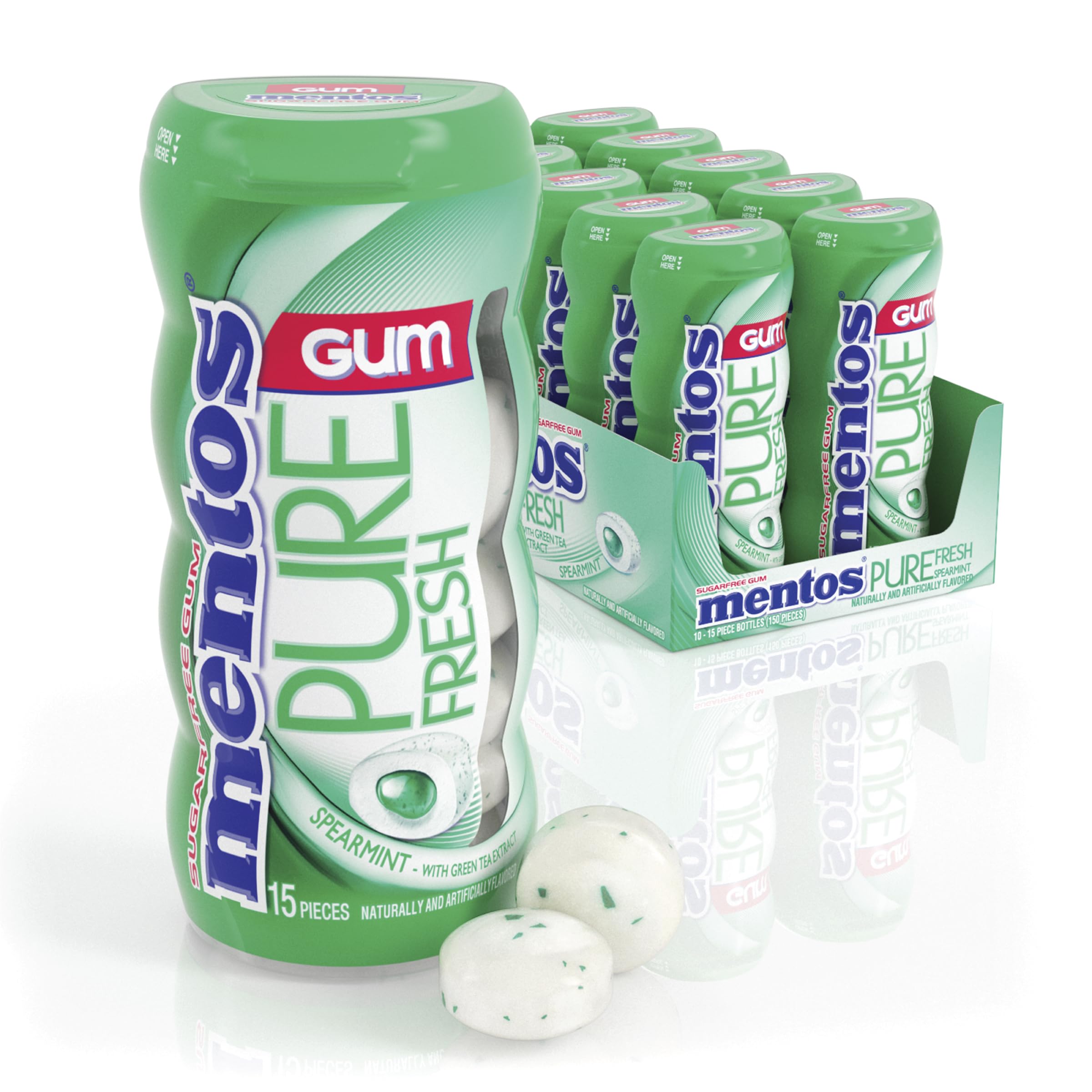Mentos Pure Fresh sugar-free gum bottle with spearmint for on-the-go refresh