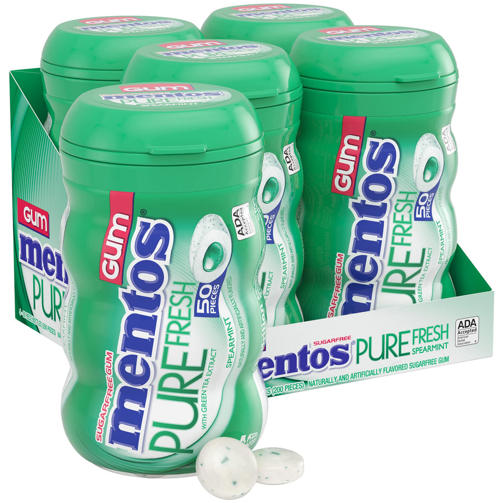 Mentos Pure Fresh Spearmint gum bottle for quick breath refreshment.