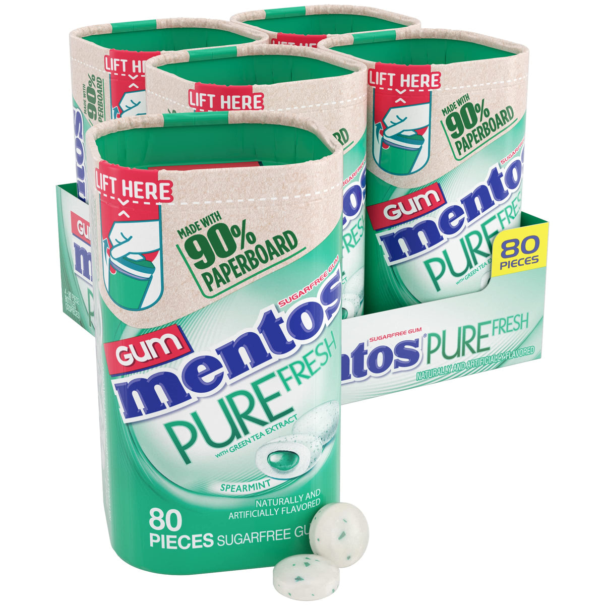 Mentos Pure Fresh bottle displaying 80 pieces and long-lasting spearmint flavor.