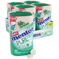 Mentos Pure Fresh bottle displaying 80 pieces and long-lasting spearmint flavor.