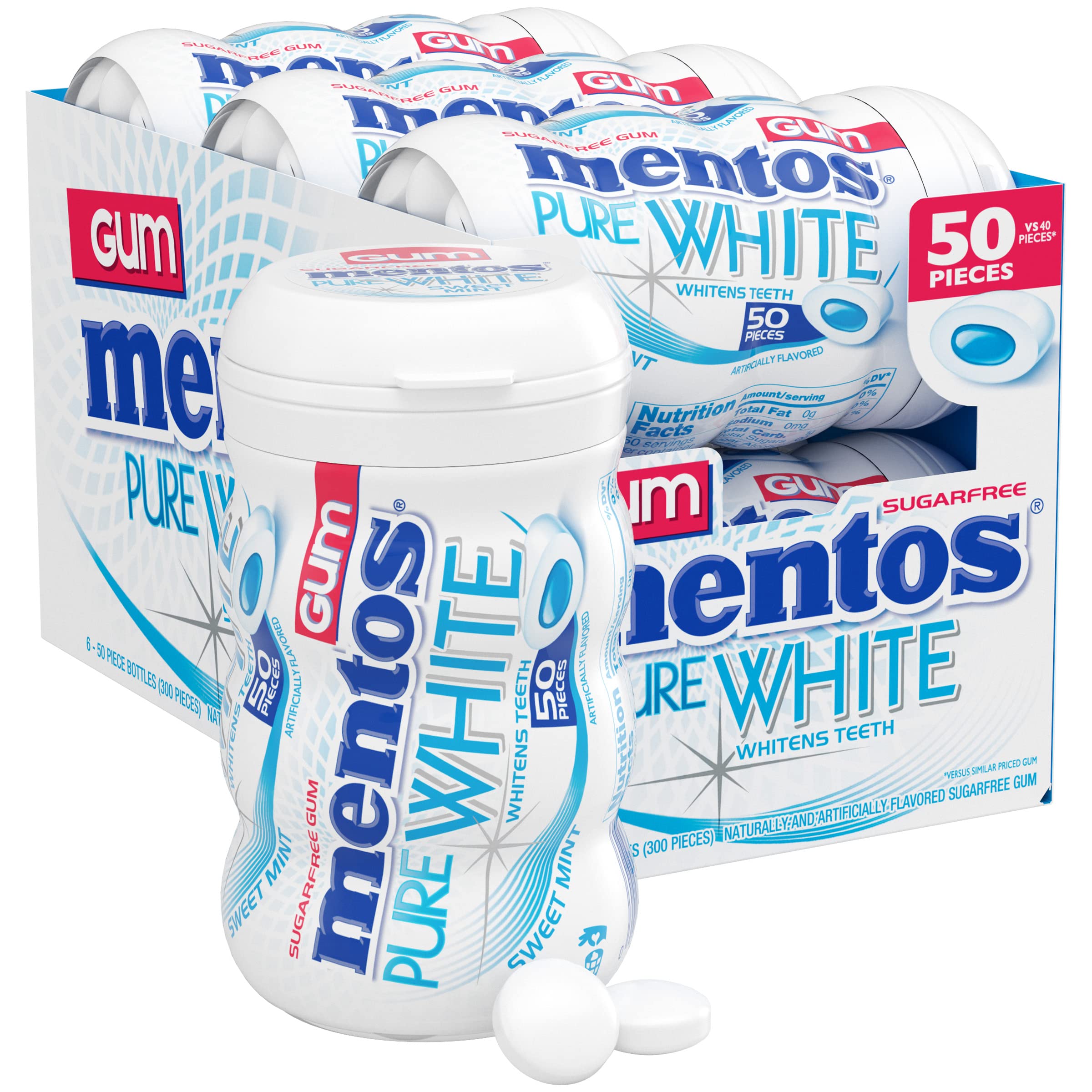 Mentos Pure White sugar-free gum bottle front for quick mint refresh