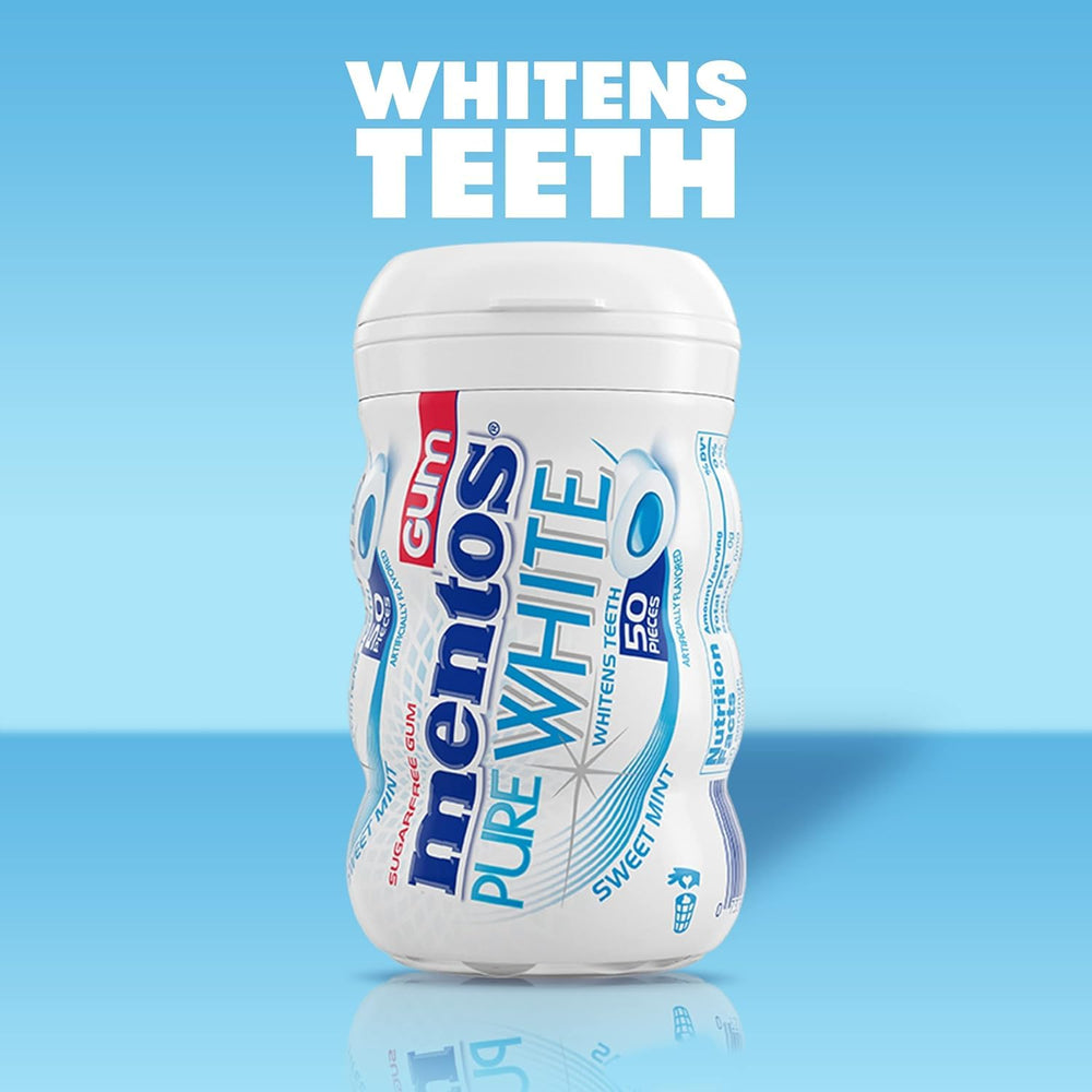 Mentos Pure White gum bottle with pieces shows bulk packaging