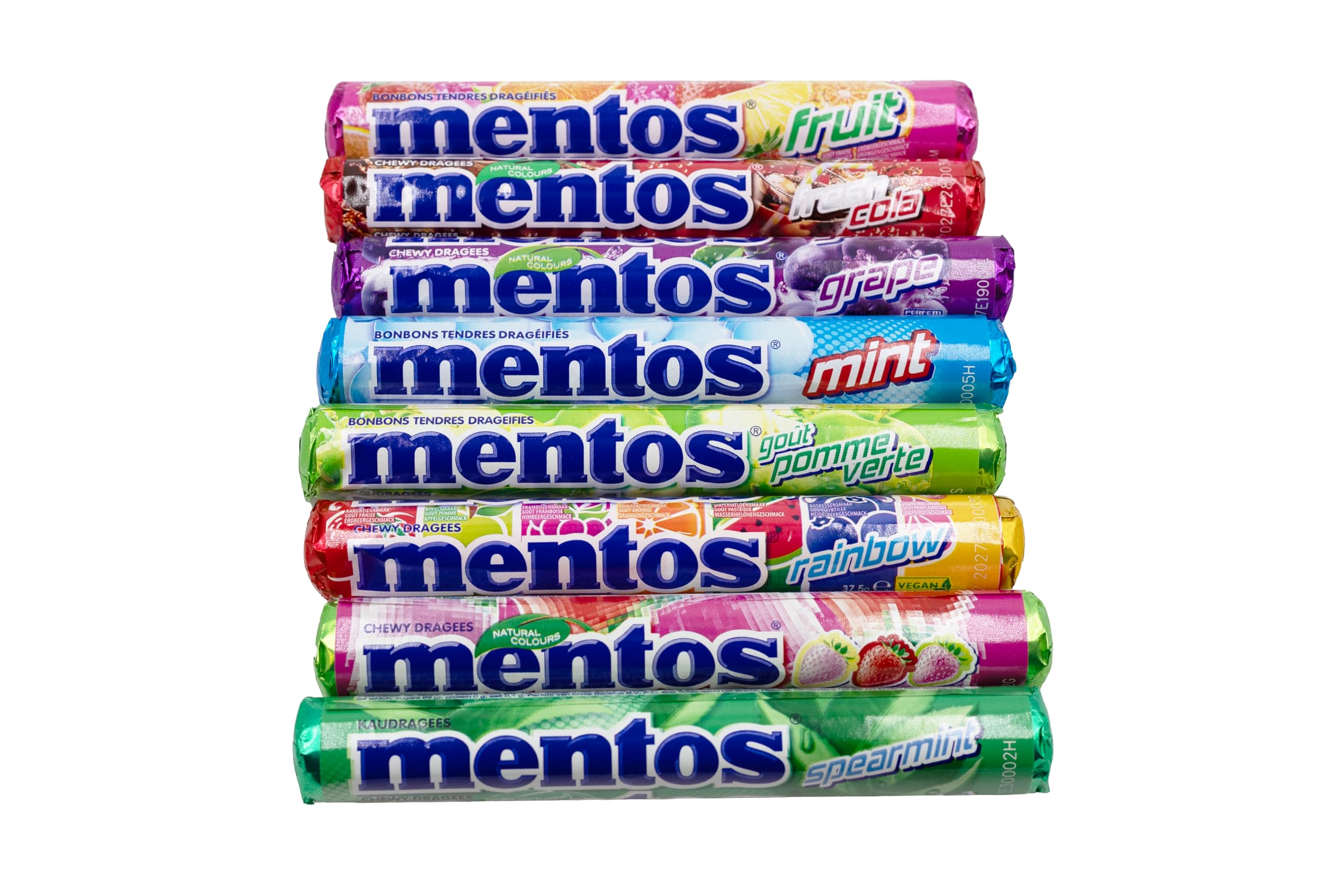 Mentos Rainbow mint cola grape apple close-up showing vibrant color variety