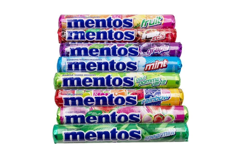 Mentos Rainbow mint cola grape apple close-up showing vibrant color variety