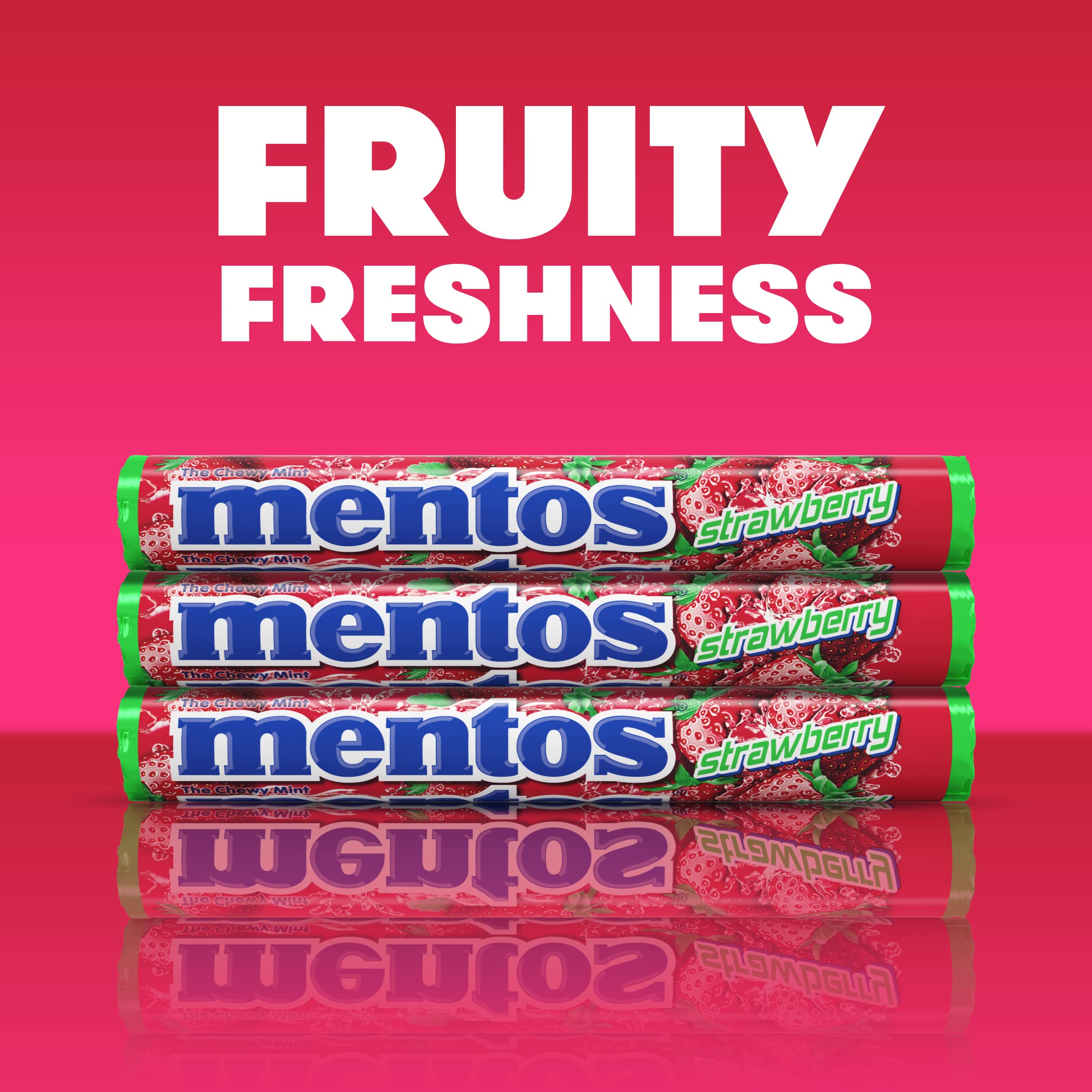 Mentos Strawberry Chewy Mint Roll foil wrapper close-up.
