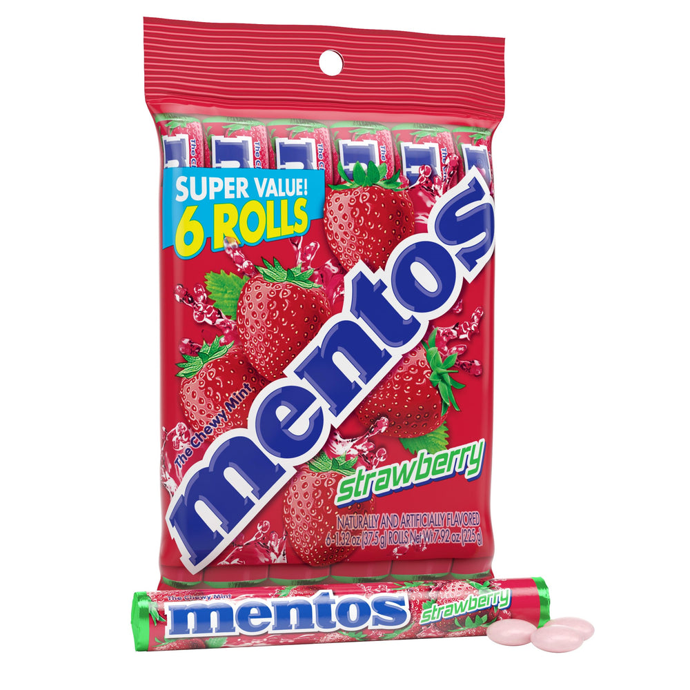 Mentos Strawberry Chewy Mint Roll packaging close-up for festive stocking stuffers.