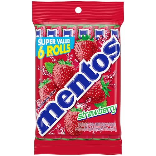 Mentos Strawberry Chewy Mint Roll party pack on display for gatherings.
