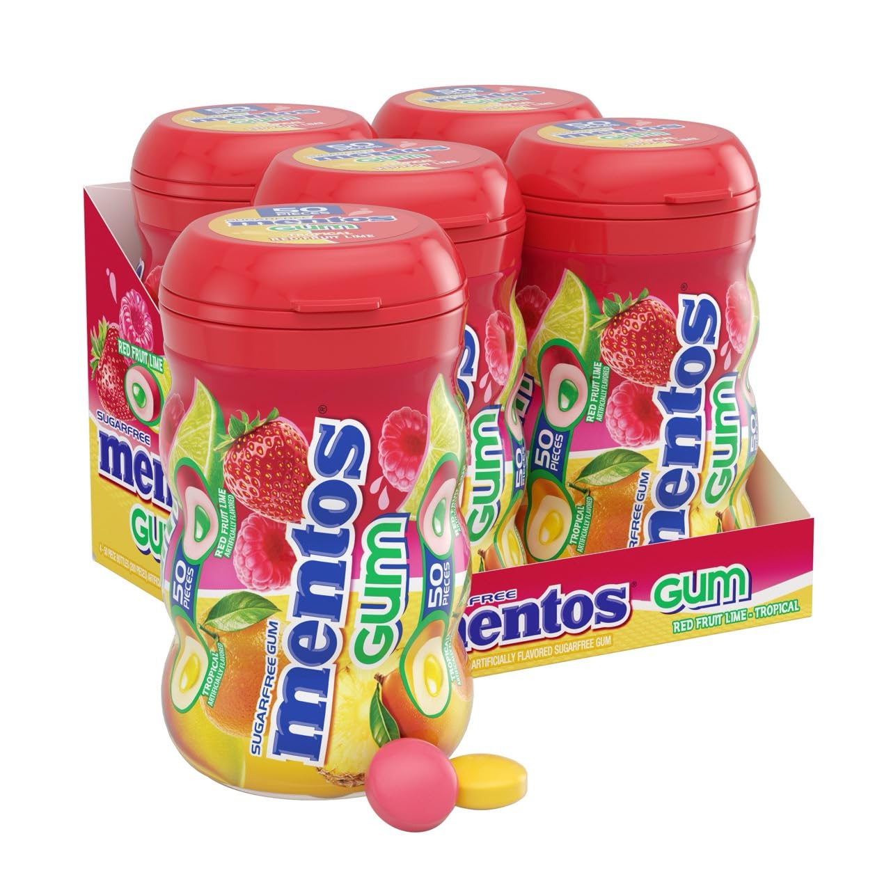 Mentos sugar-free gum bottle of tropical red fruit lime for on-the-go freshness