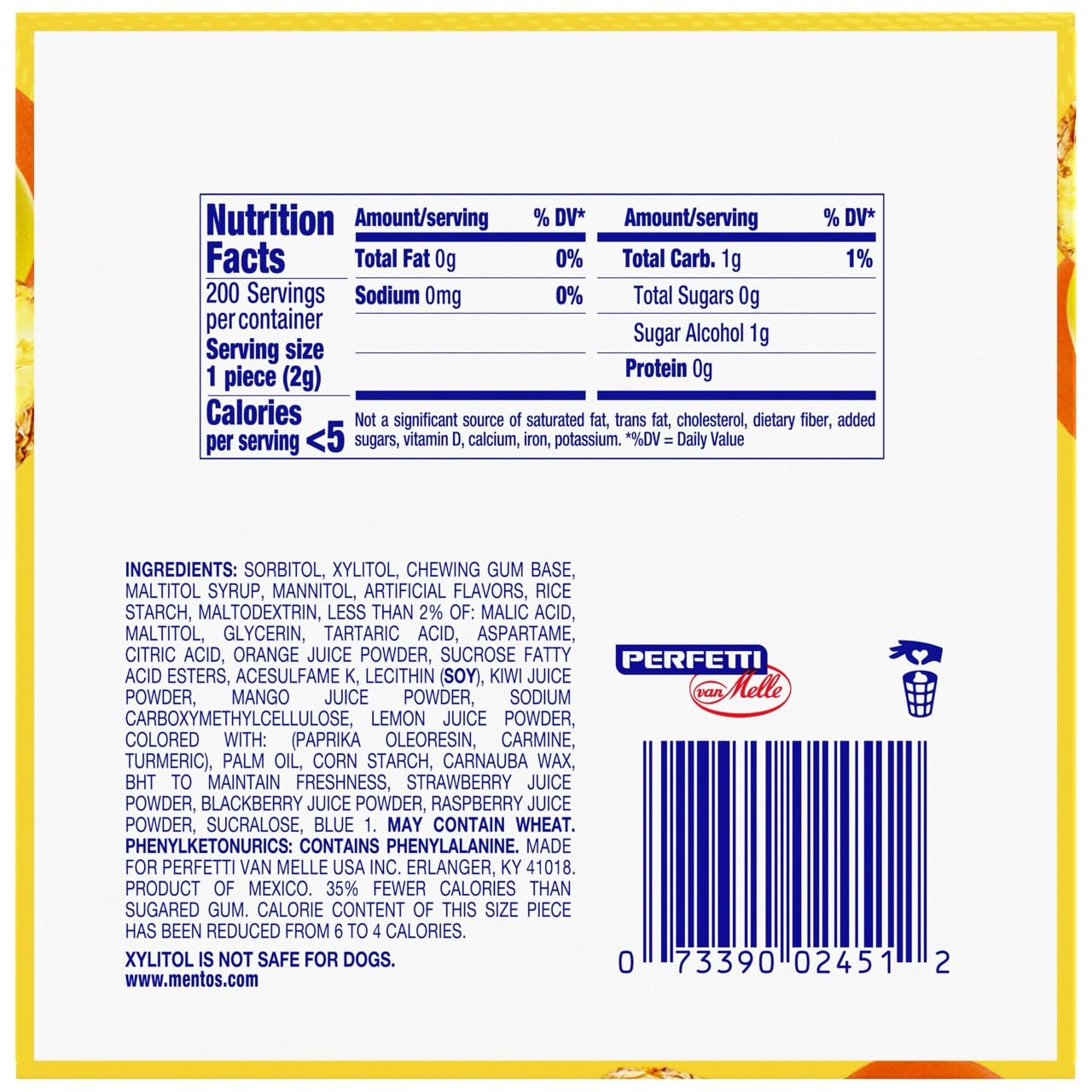 Mentos brand logo on packaging signals a sugar-free tropical option