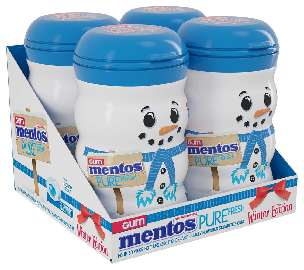 MENTOS Sugar-Free Gum Fresh Mint Winter Edition Snowman Bottle ready for holiday freshness.