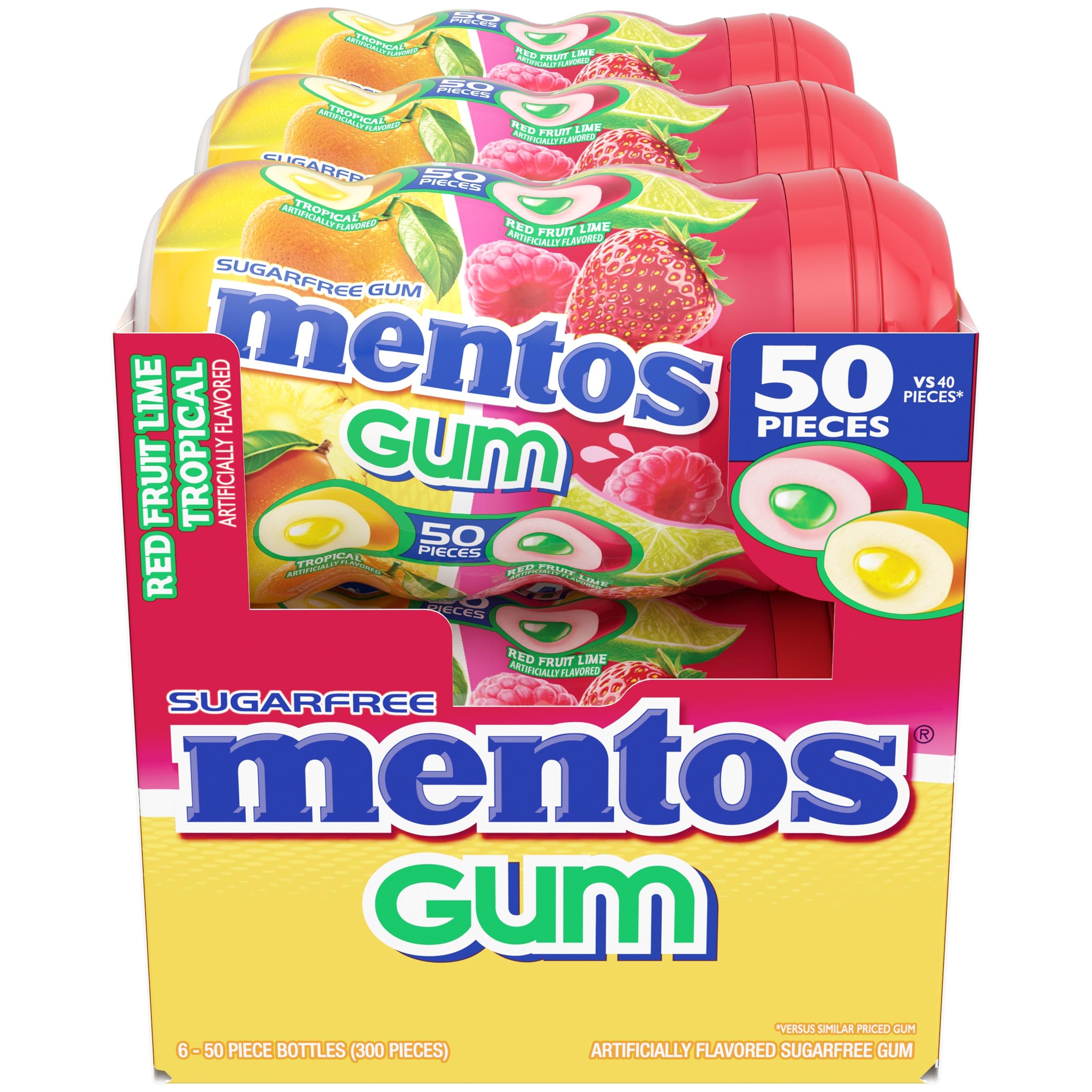 MENTOS Sugar-Free Gum red fruit lime closeup of the crunchy shell and soft center