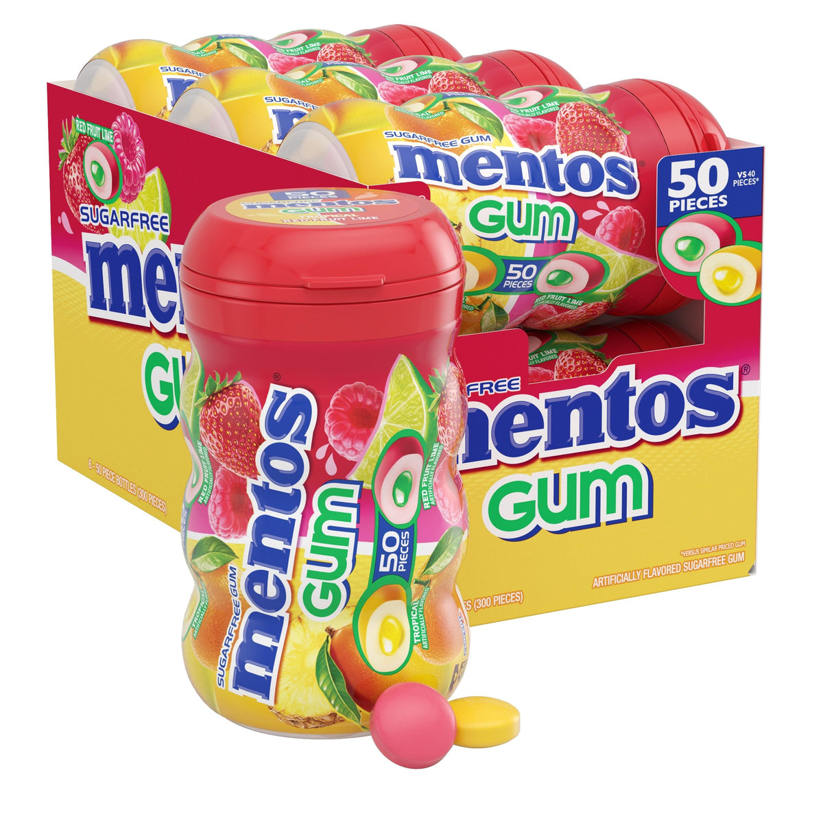 MENTOS Sugar-Free Gum red fruit lime packshot showing bulk freshness for on-the-go use