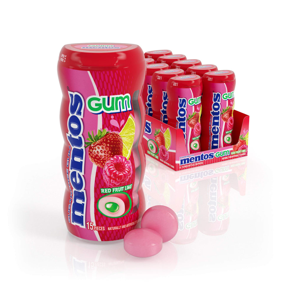 Mentos SugarFree Gum Red Fruit Lime bottle shown for on-the-go freshness