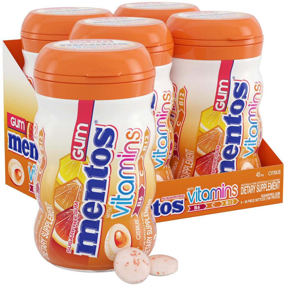 Mentos Vitamins Citrus gum bottle four-pack on display for on-the-go freshness.